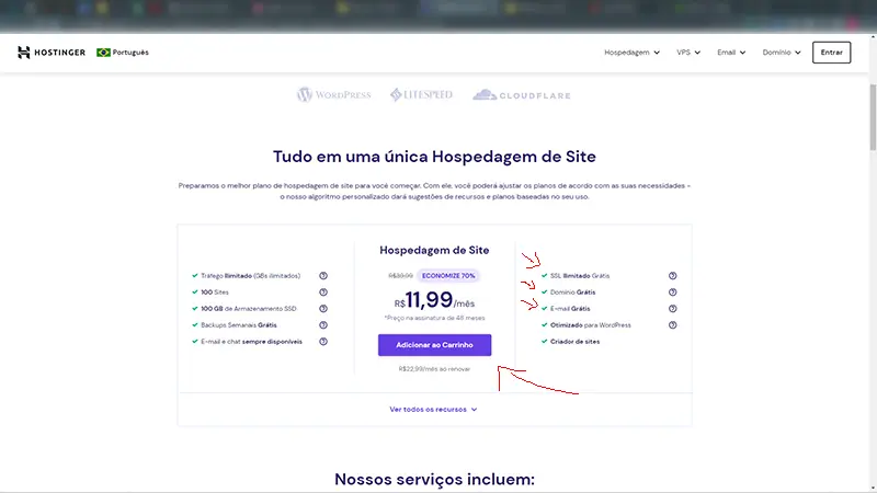 Hospedagem hostinger, planos wordpress